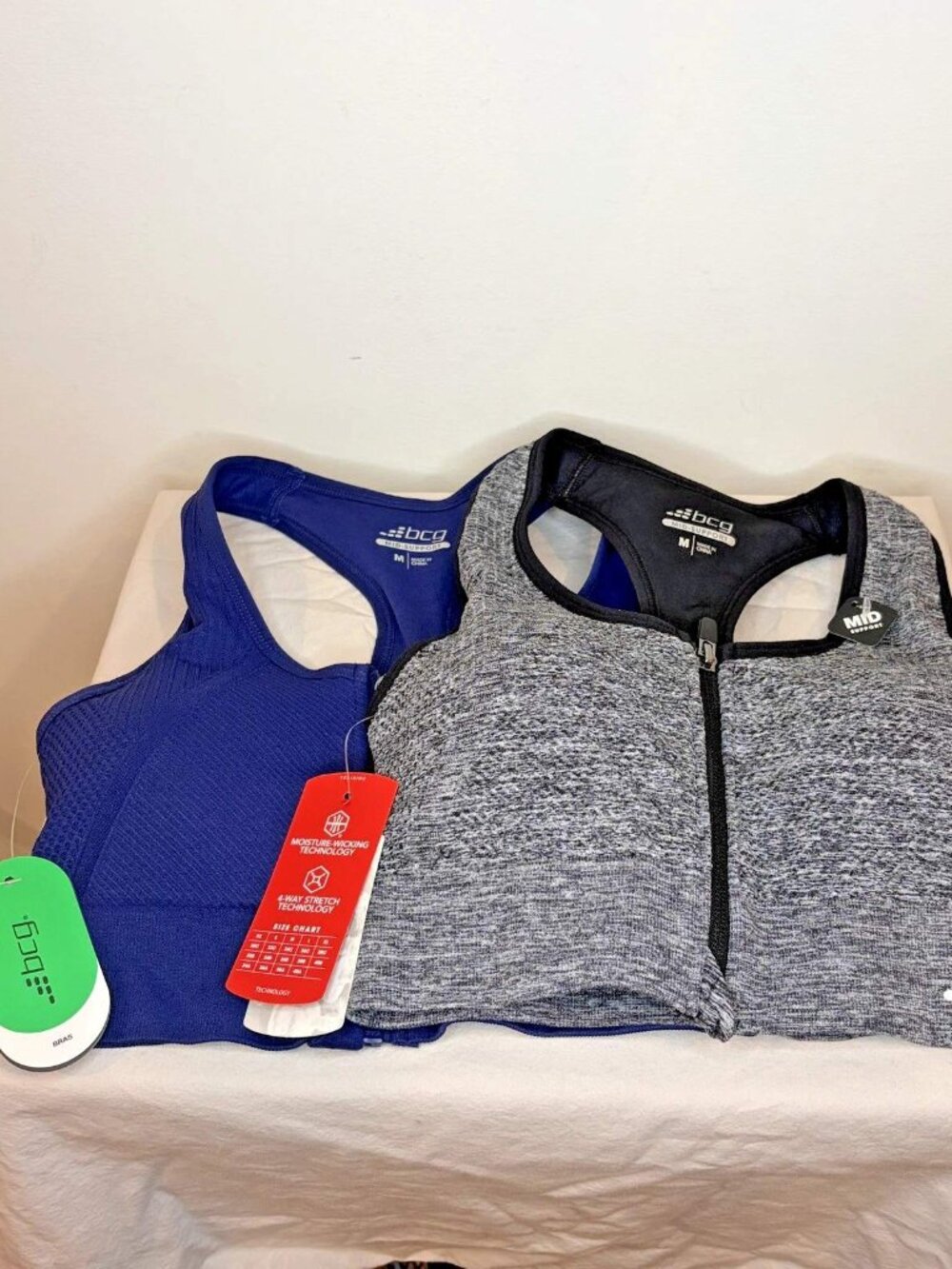NWT Lot of 2 Zip Front Sports Bras Sz M Medium Support Removable Pads Gray Blue